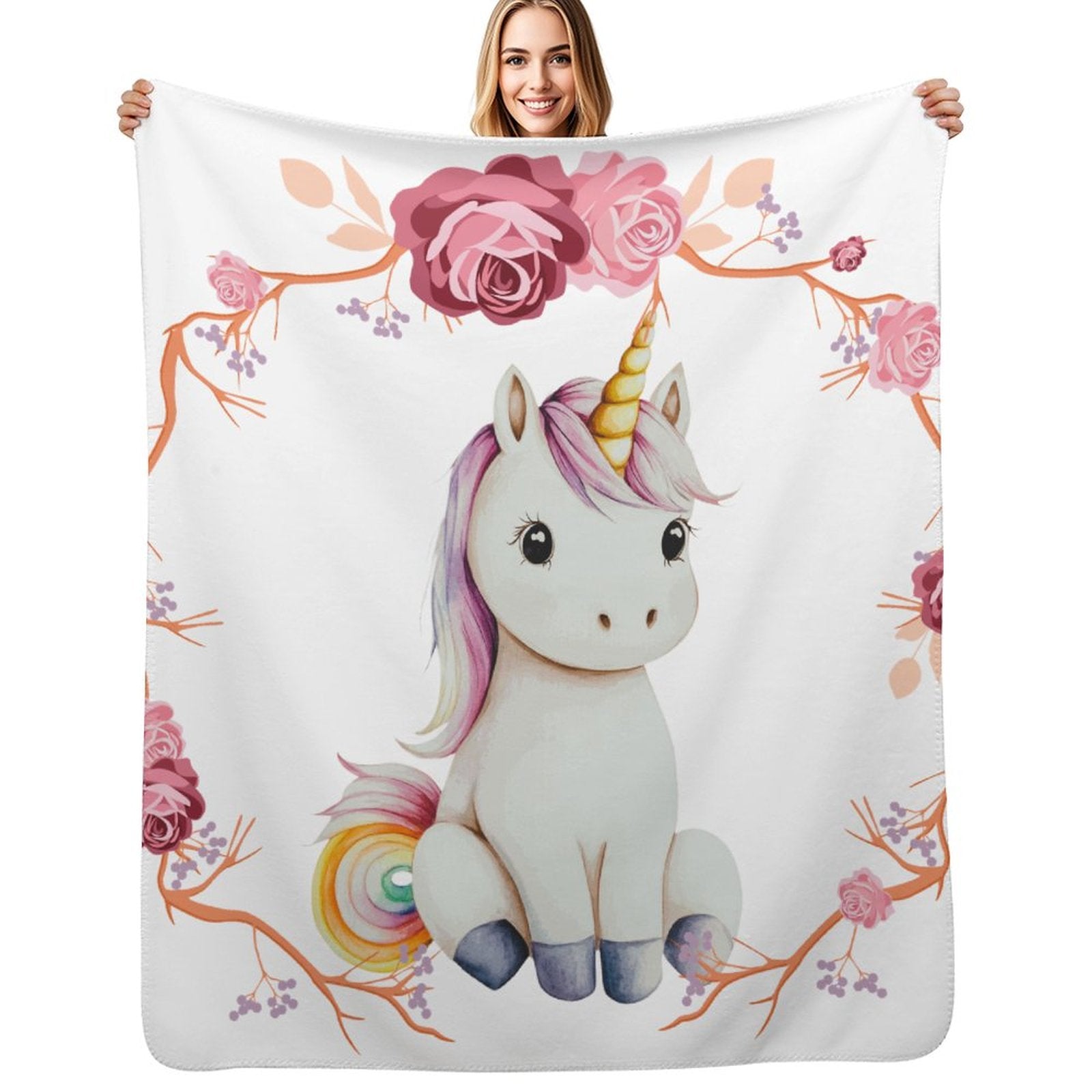 Baby Unicorn with Pink Roses Ultra-Soft Micro Fleece Throw Blankets
