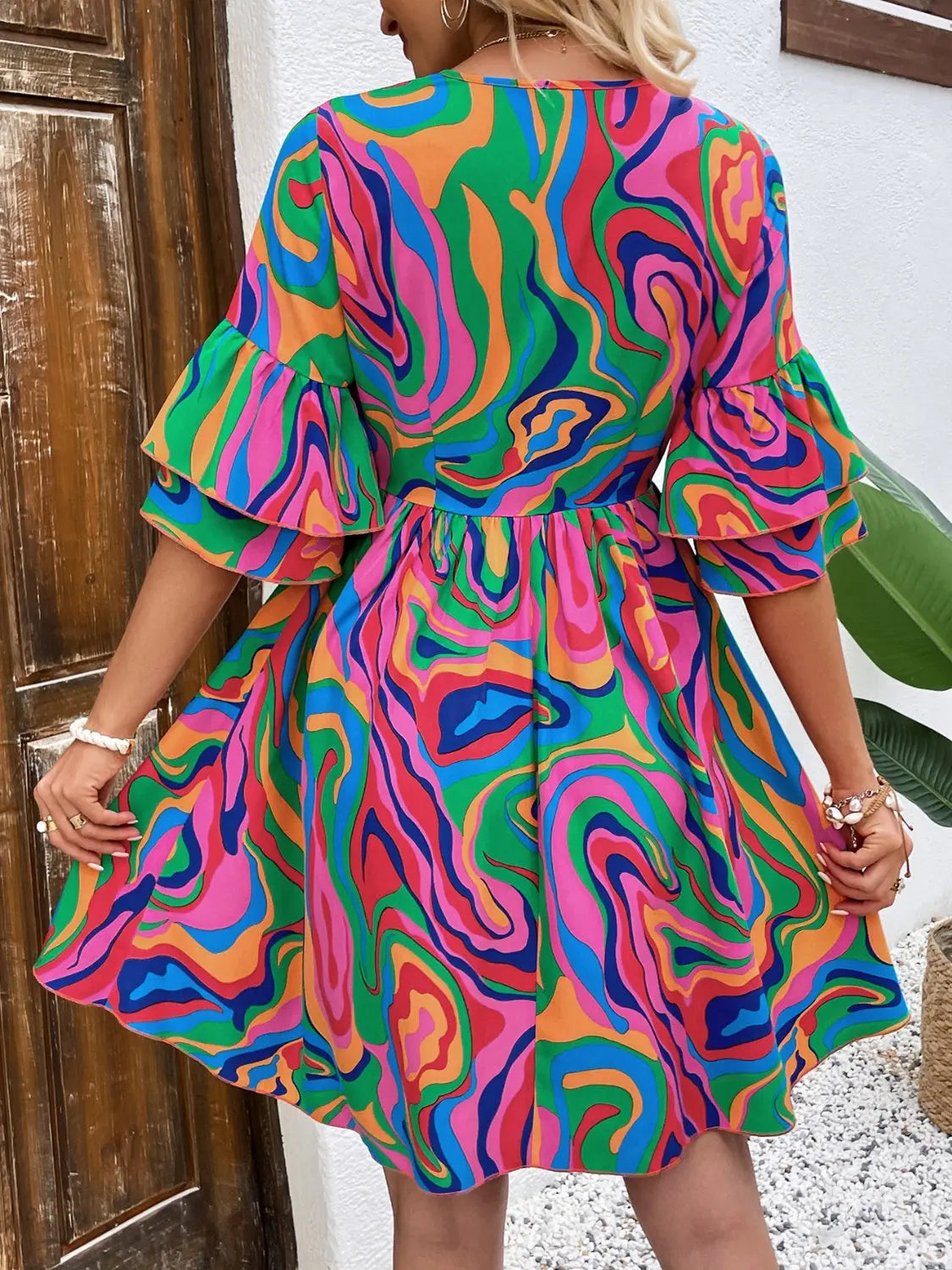 Ruffled Colorful Printed V-Neck Half Sleeve Mini Dress