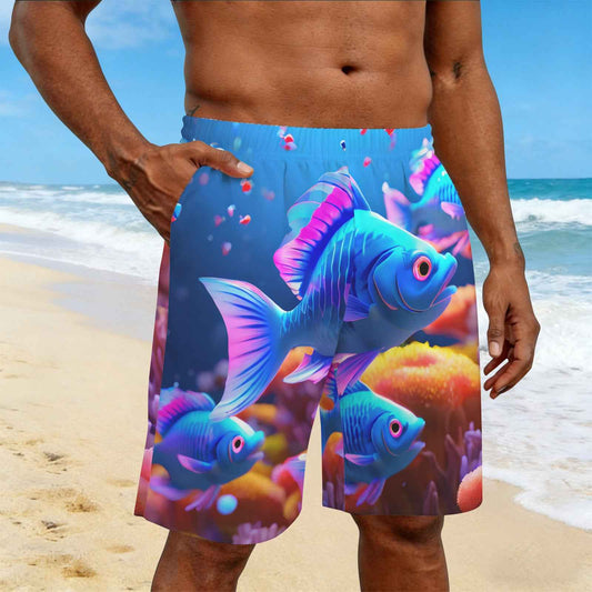 Blue Fishes Men's All Over Print Elastic Beach Shorts