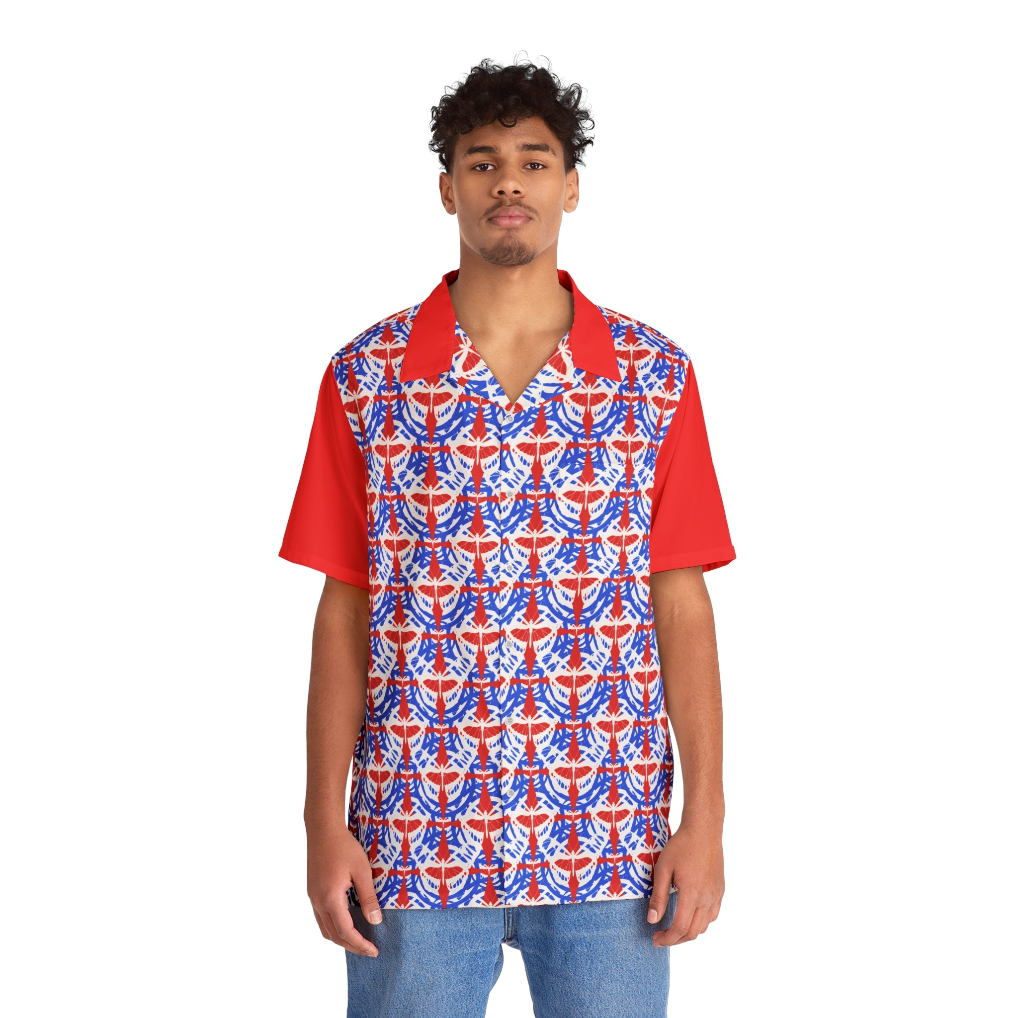 Red White and Blue Men's Printed Hawaiian Shirt up to 5XL - Shell Design Boutique