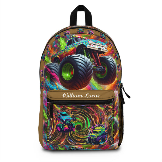 Monster Truck Backpack — Personalized  Name Kids School Bag with Neon Swirl Design