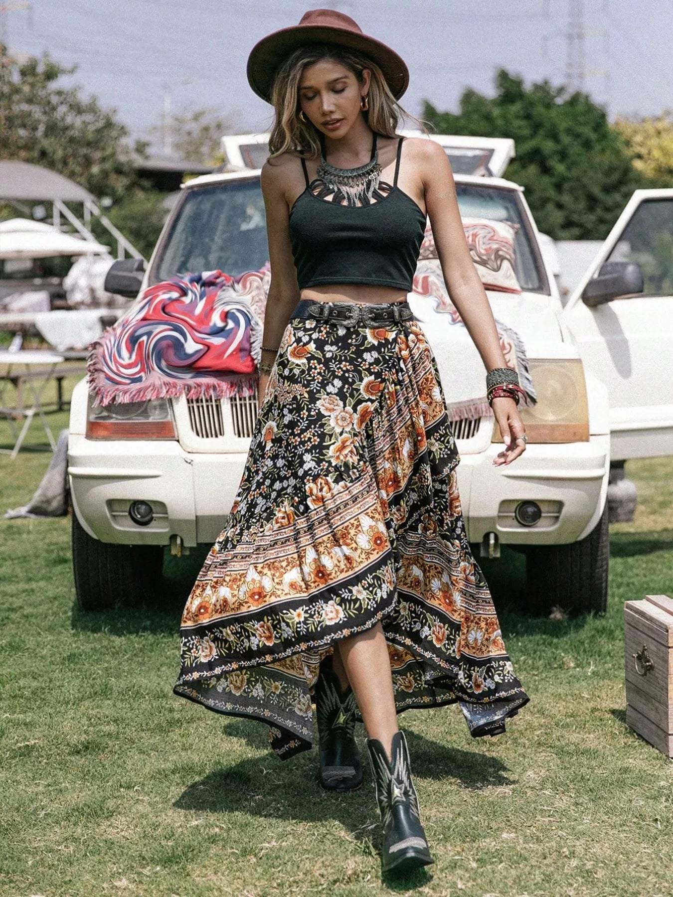Plus Size Boho Floral Print High-Low Skirt