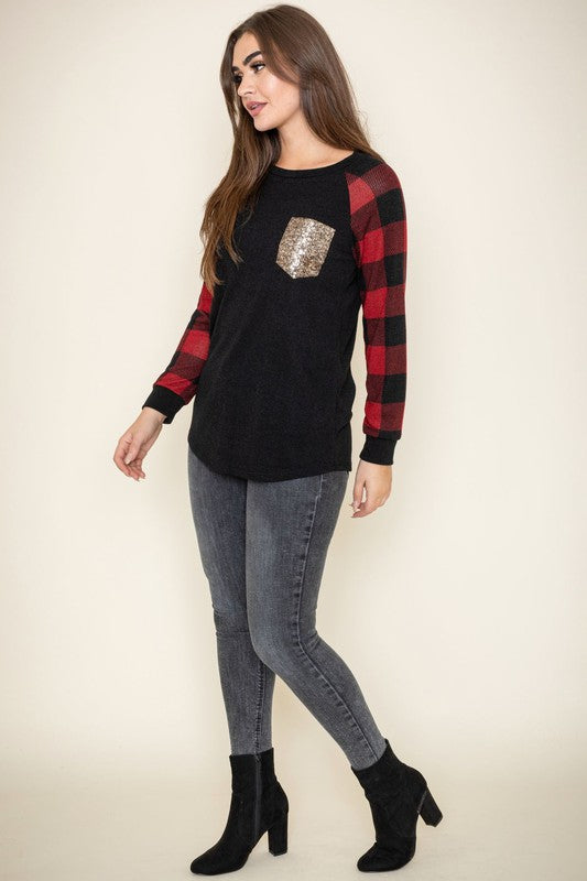 Women's Plus Size Checkered Sequin Pocket Tunic Shirt