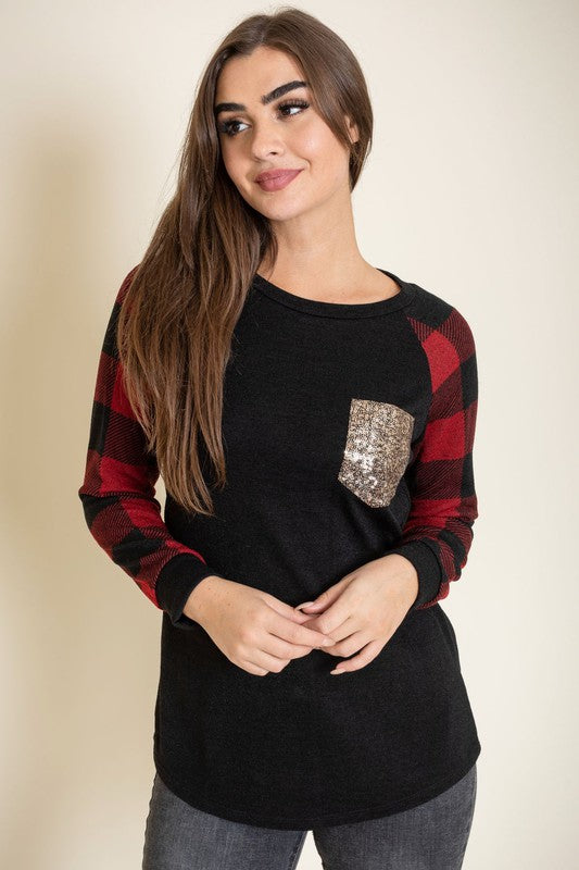 Women's Plus Size Checkered Sequin Pocket Tunic Shirt