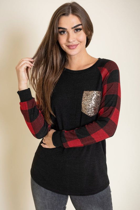 Women's Plus Size Checkered Sequin Pocket Tunic Shirt