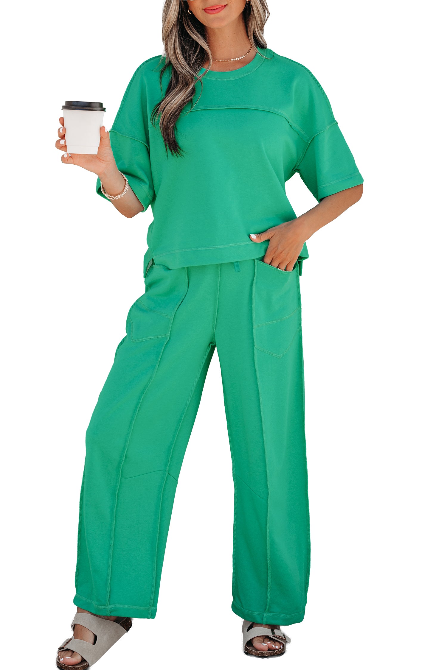 Rose Red Drop Shoulder Boxy Tee and Barrel Pants Set