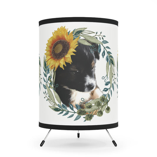 Cute Black Puppy with Sunflower Hat Tripod Lamp Printed Shade