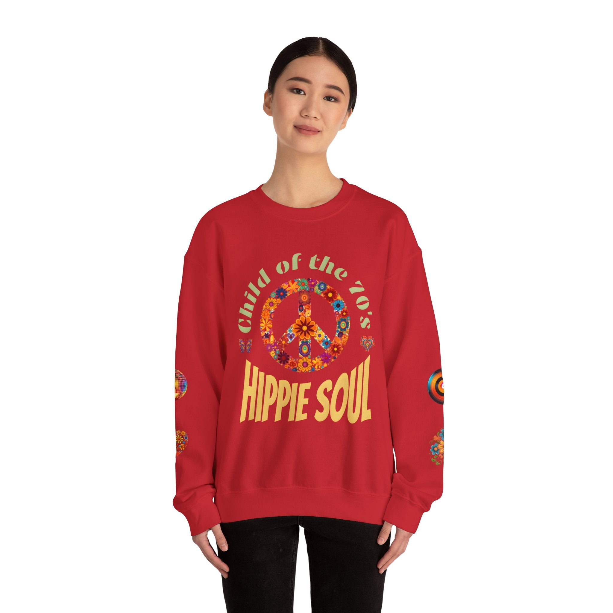 Retro Hippie Soul Crewneck Sweatshirt, Vintage 70s Fashion, Peace Sign Design, Gift for 1970's Lovers, Unisex Apparel, Cozy Sweatshirt