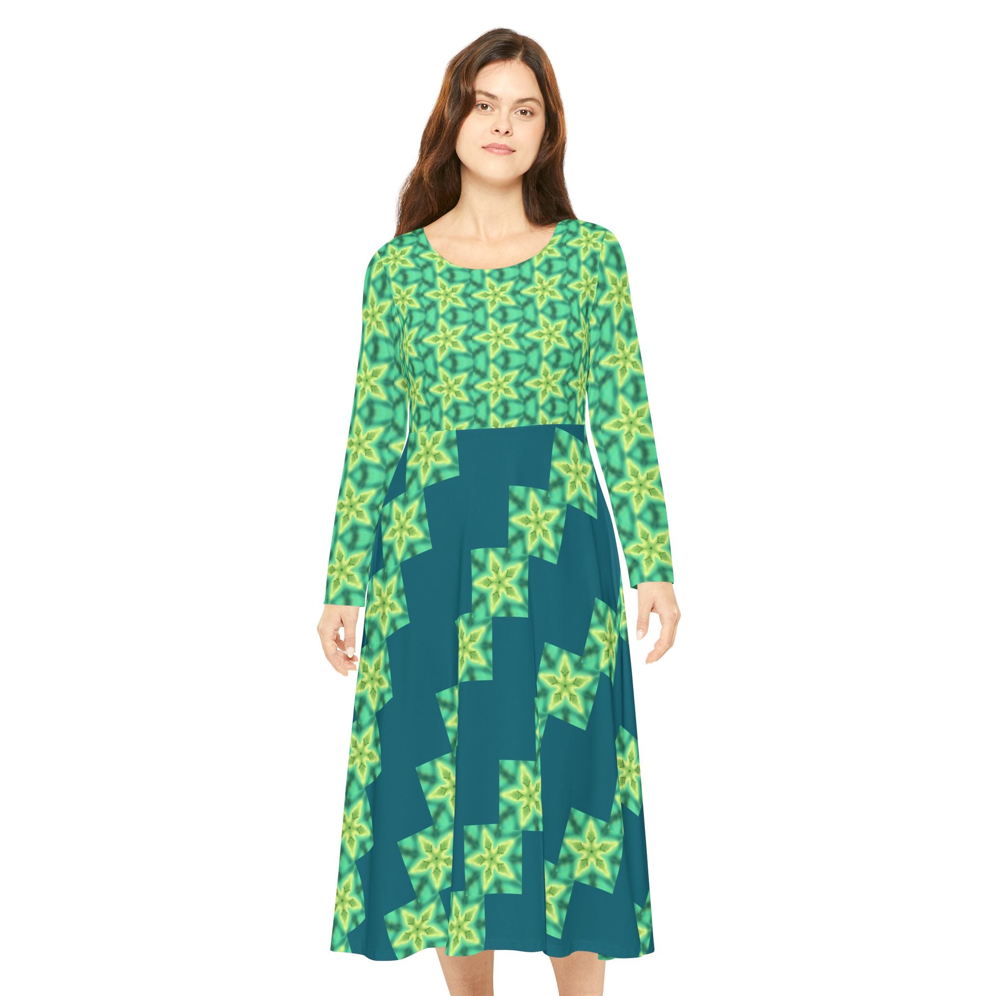 Women's Neon Green Stars Long Sleeve Midi Dress