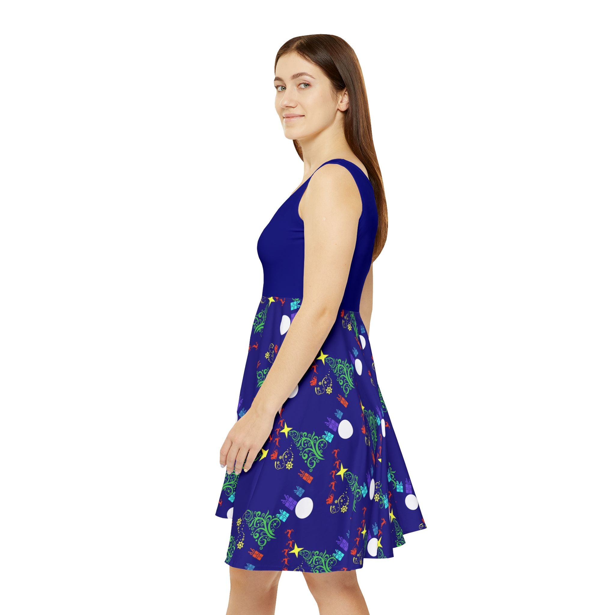 Women's Blue Christmas Santa Printed Skater Dress