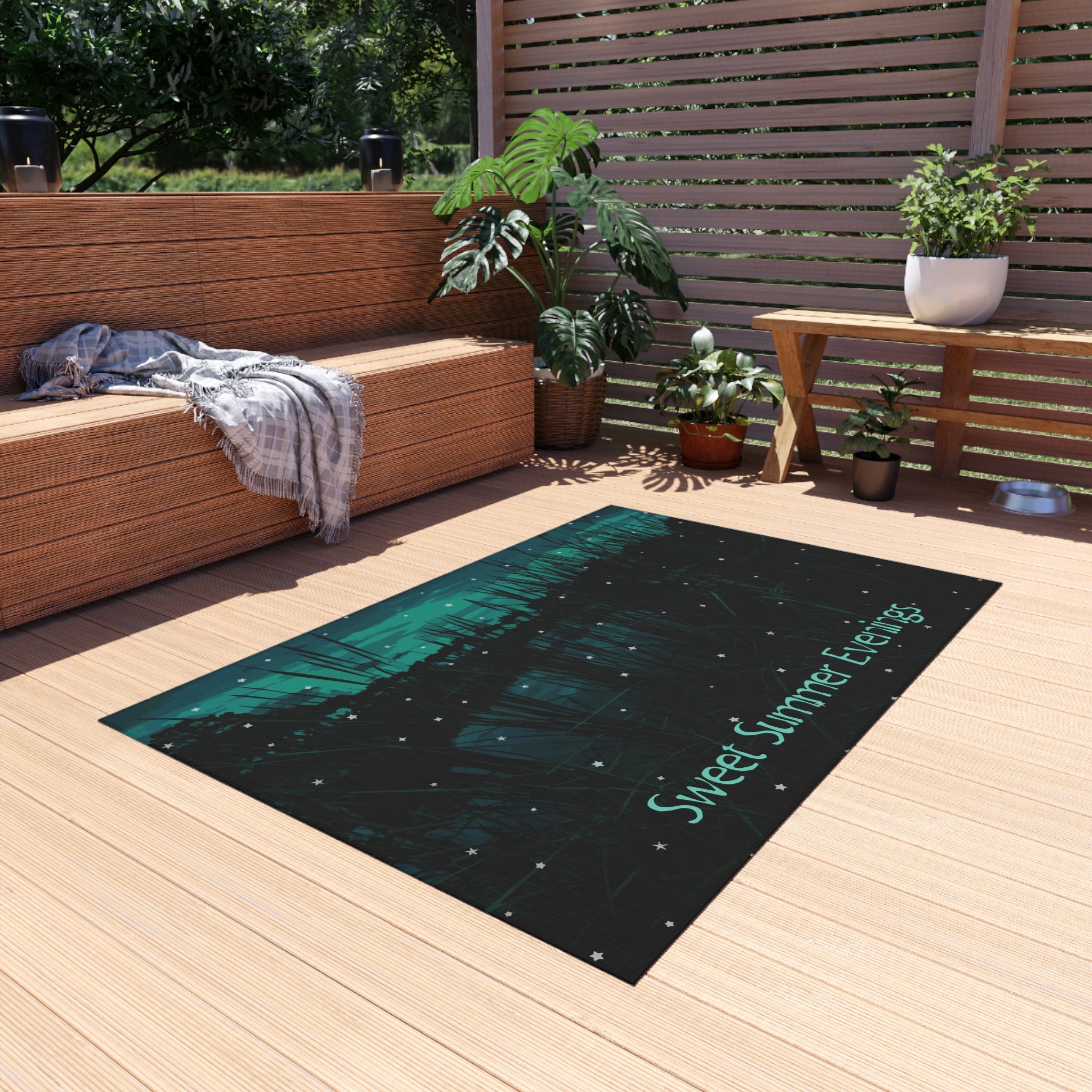 Sweet Summer Evenings Teal Outdoor Rug