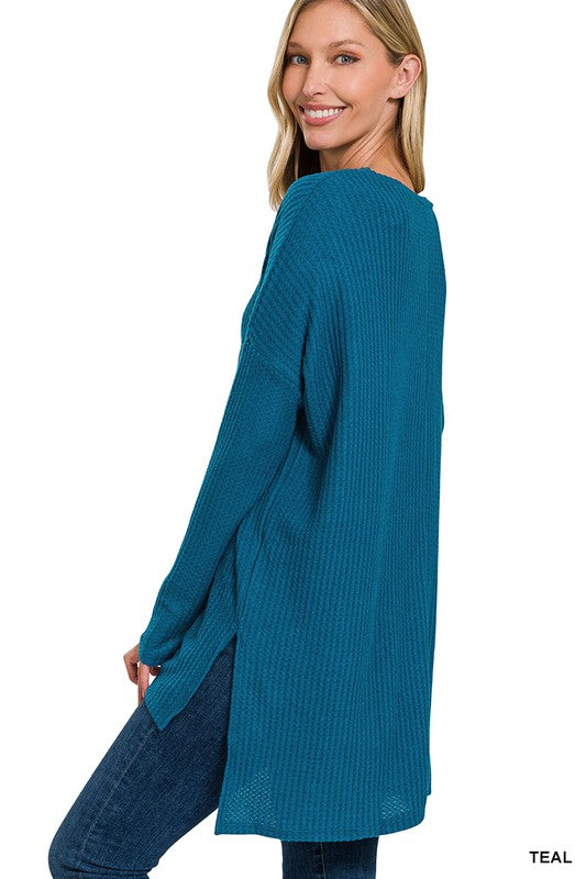 Women's Brushed Thermal Waffle V-Neck Hi-Low Hem Sweater