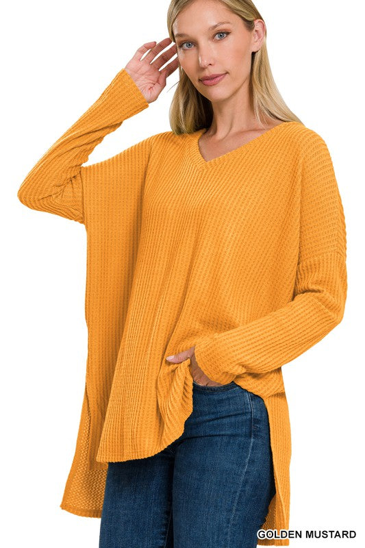 Women's Brushed Thermal Waffle V-Neck Hi-Low Hem Sweater