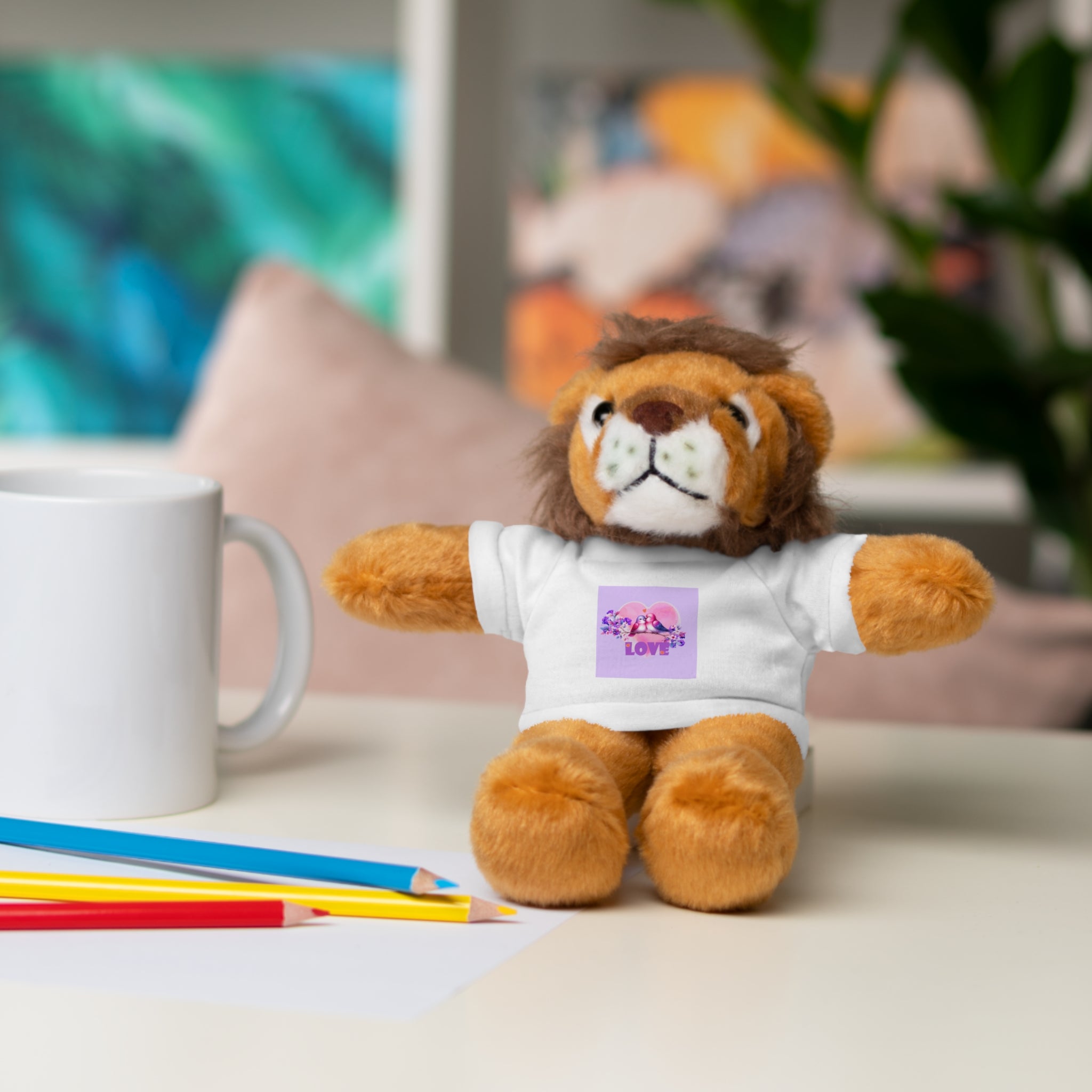 Stuffed Animal Wearing T-shirt of Love Birds