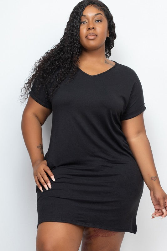 Women's Plus Size Short Sleeve Pocket Mini Dress