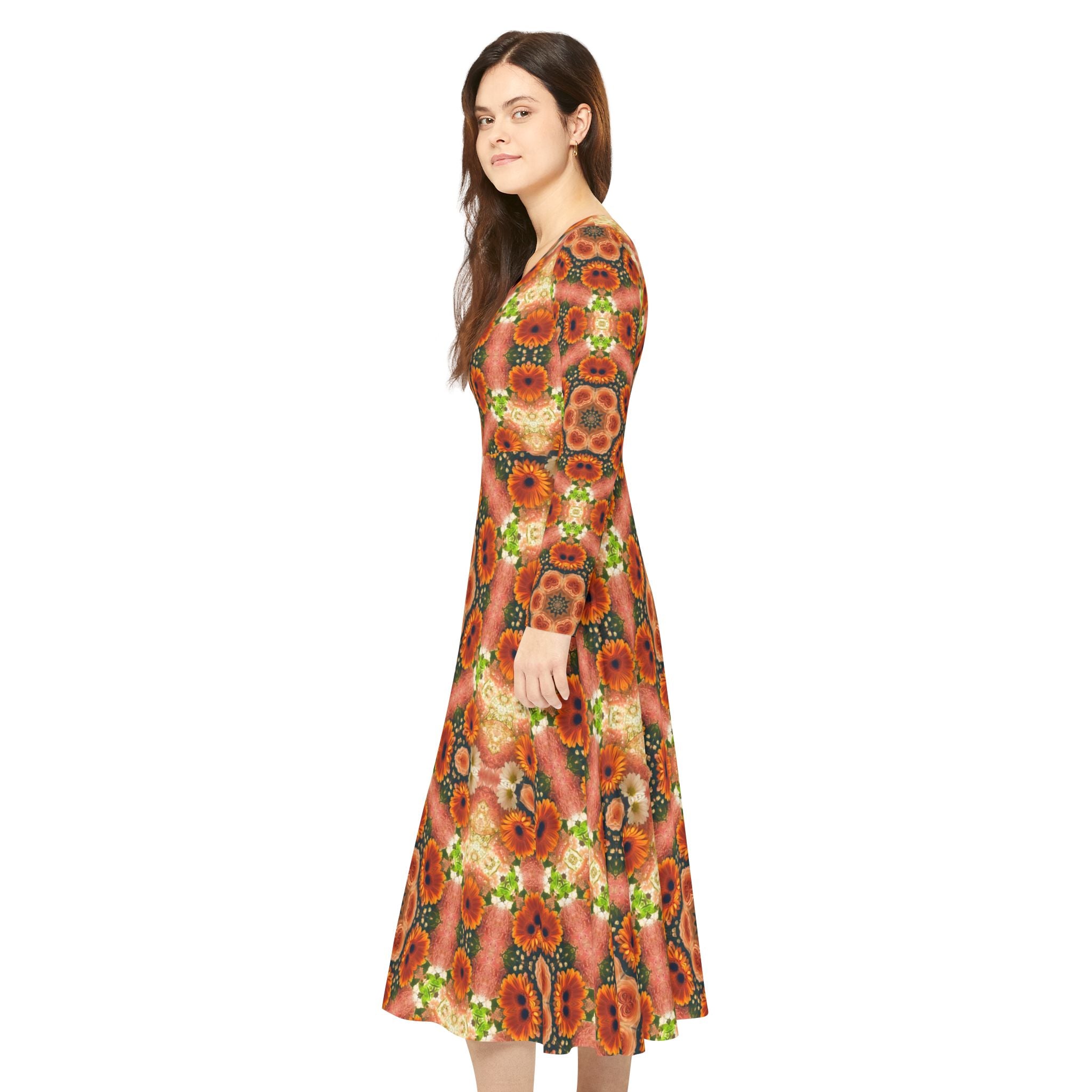 Women's Orange Floral Long Sleeve Maxi Dress