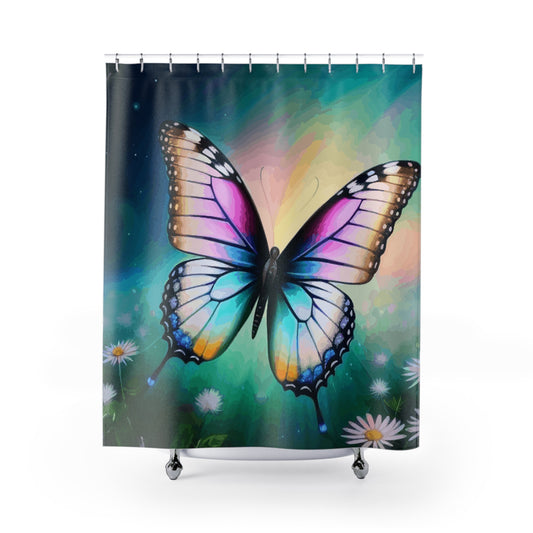 Hermosa mariposa con cortinas de ducha de margaritas.