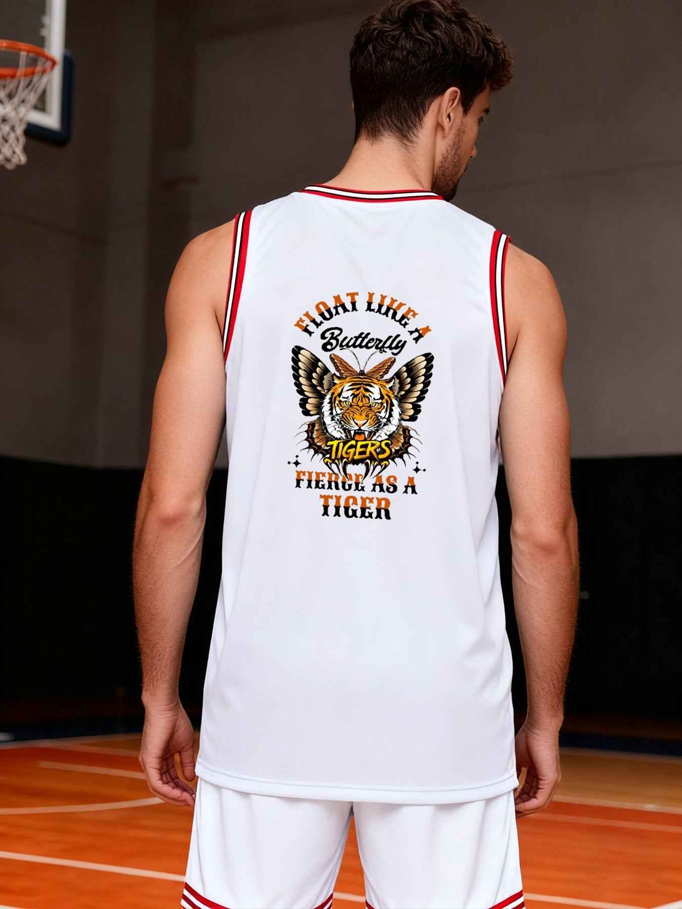 Float Like a Butterfly Fierce Tiger Adult White with Red Trim Basketball Jersey | Ships From USA