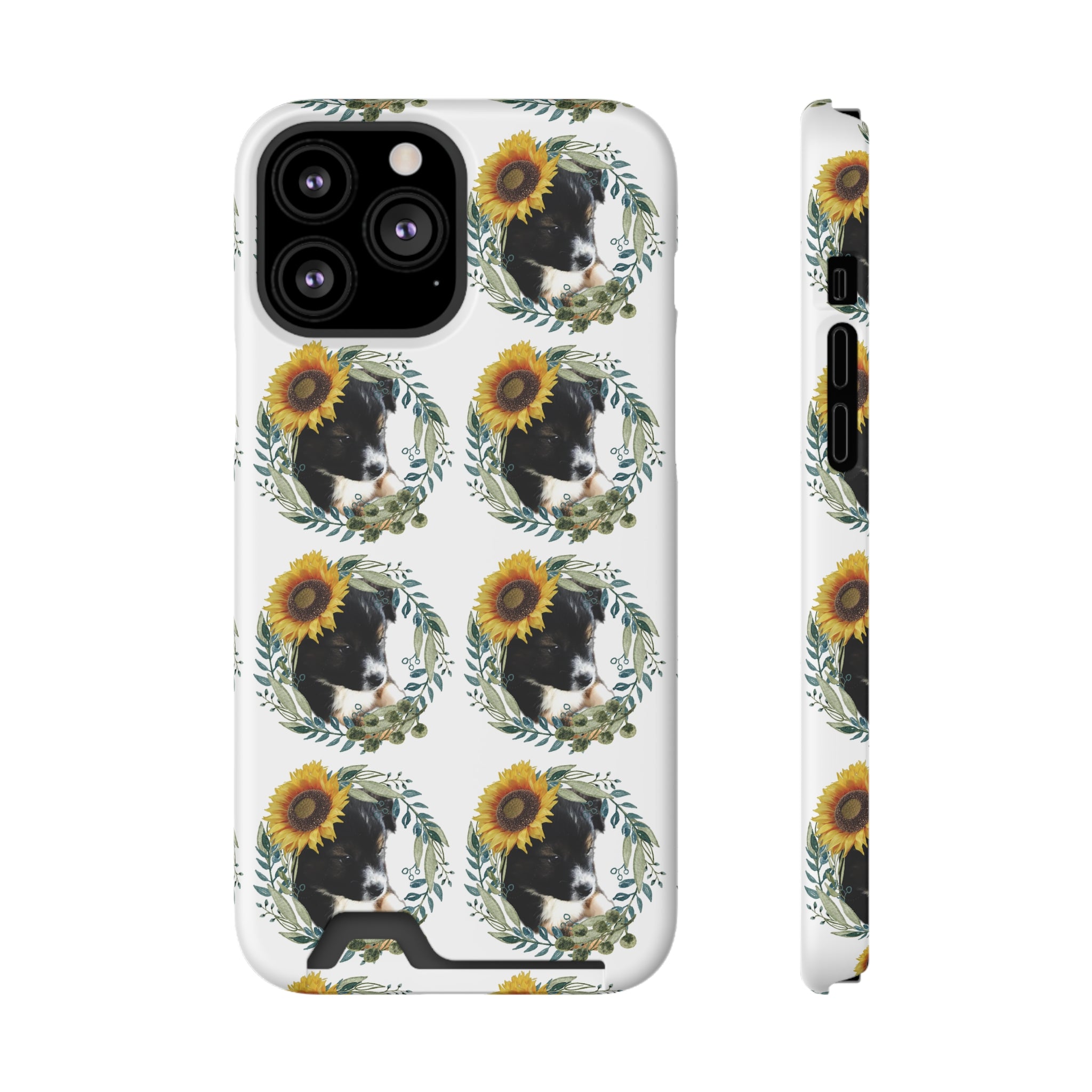 Lindo cachorro negro con funda para teléfono con girasoles y tarjetero