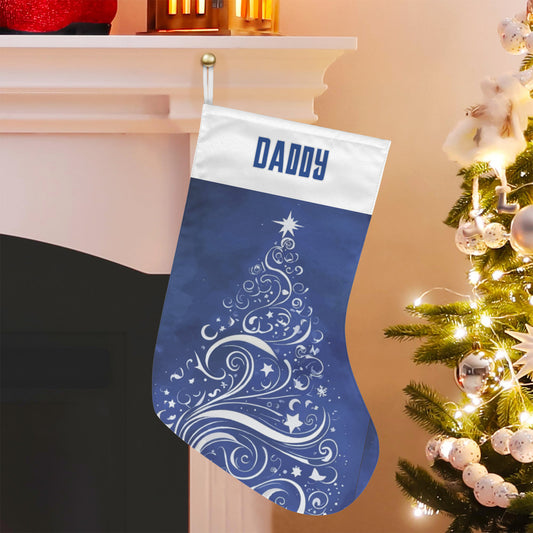 Personalizable Silver Swirls Christmas Tree on Blue Christmas Stocking (Made in USA)