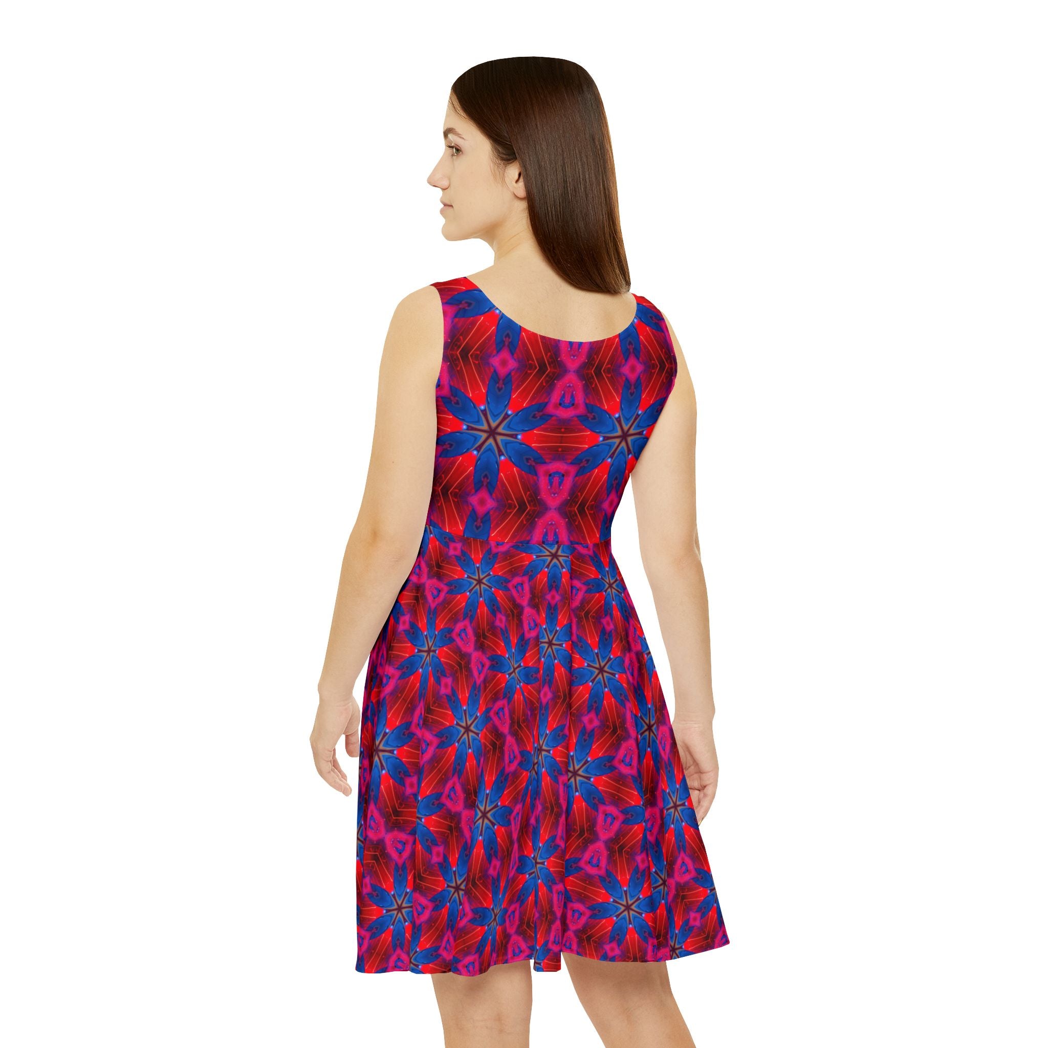 Floral Kaleidoscope Skater Dress — Bold Pink & Blue All-Over Print