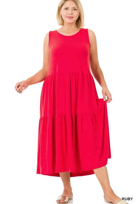 Women's Plus Size Sleeveless Tiered Midi Dress