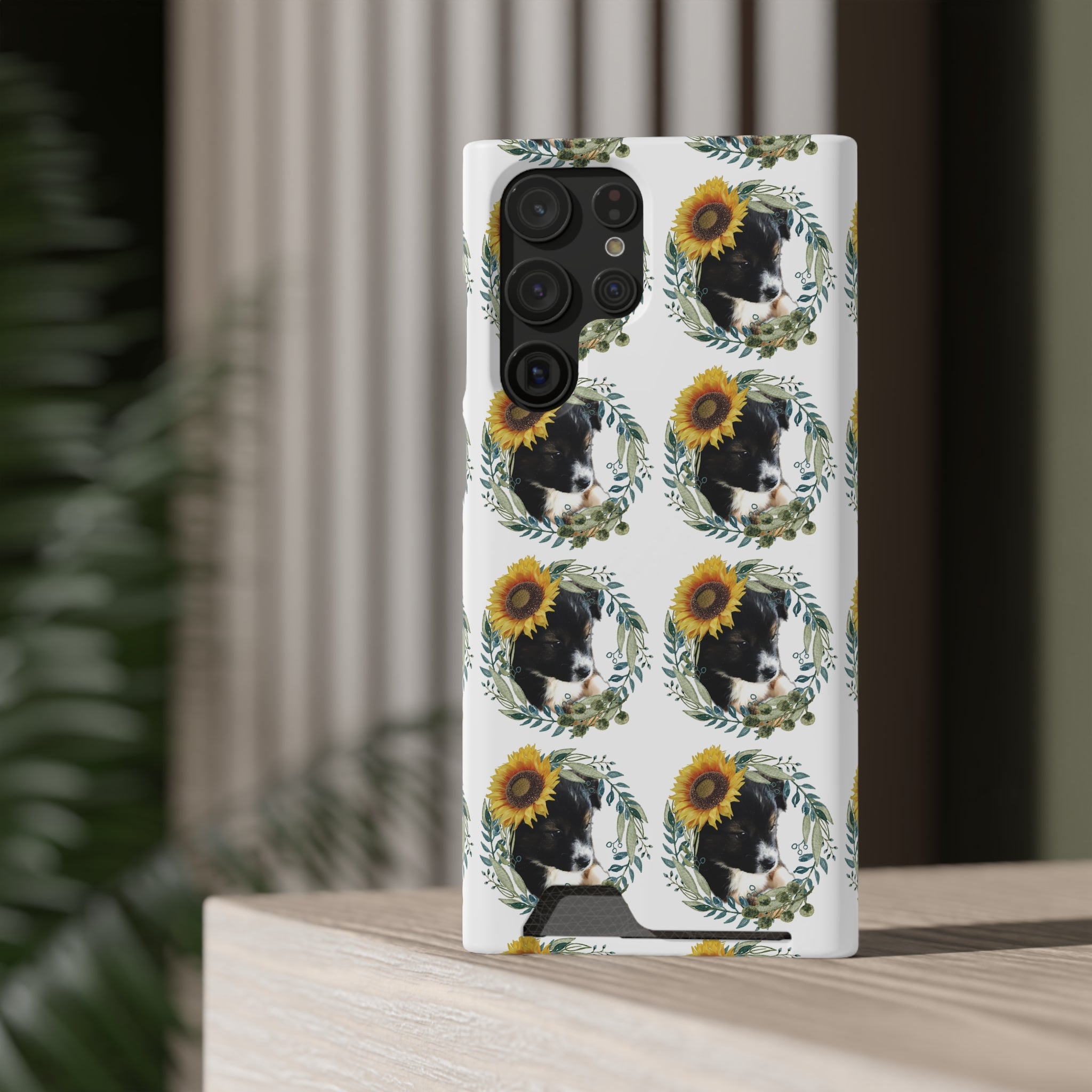 Cute Black Puppy with Sunflowers Phone Case With Card Holder