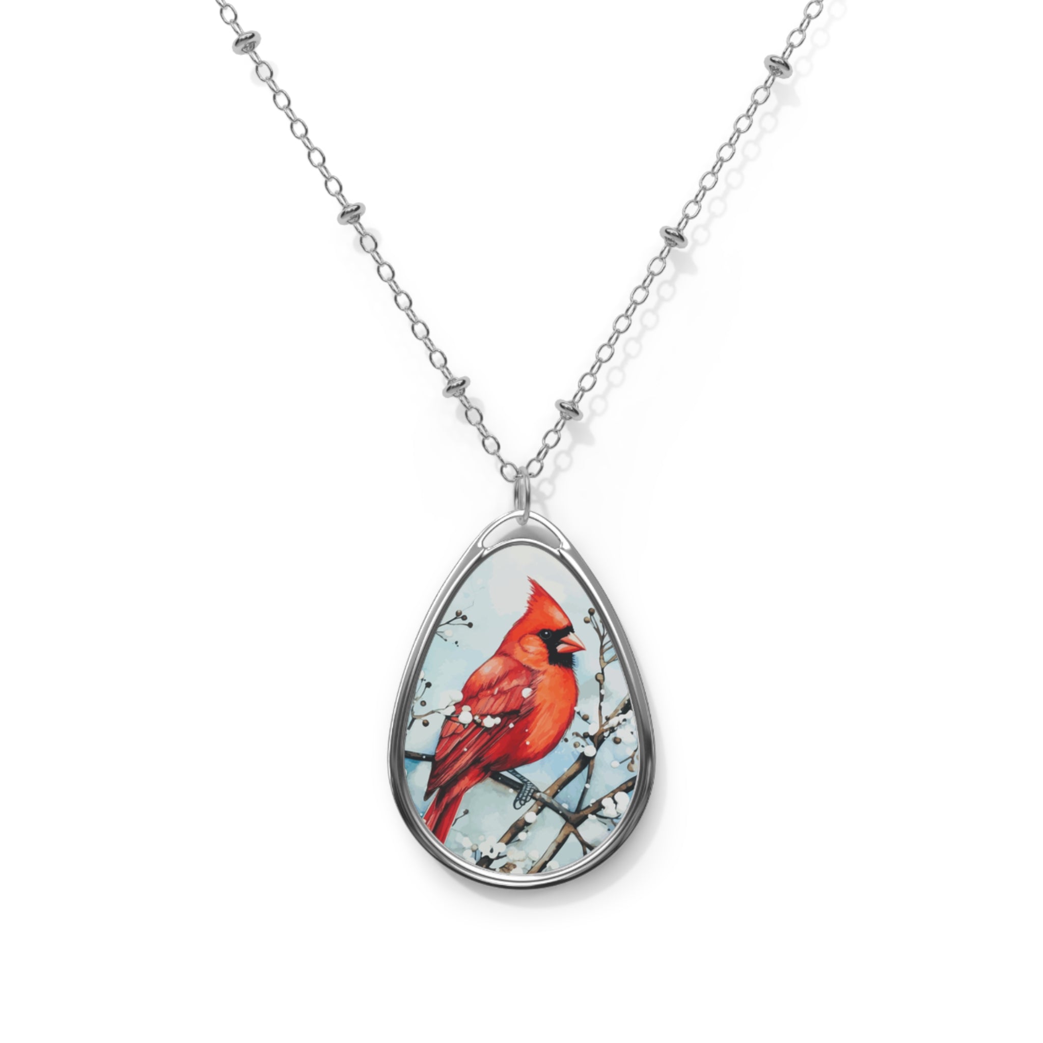 Red Bird in the Snow Oval Necklace