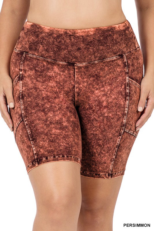 Women's Plus Size Mineral Wash Pocket Biker Shorts