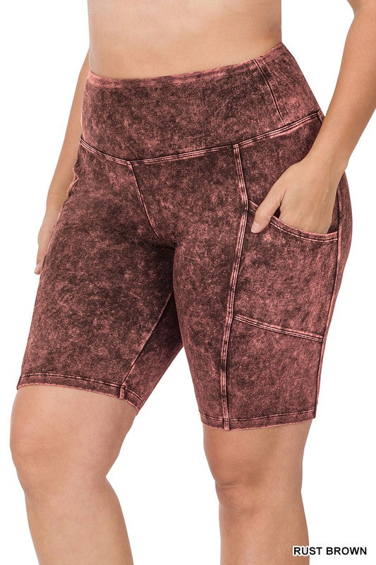 Women's Plus Size Mineral Wash Pocket Biker Shorts