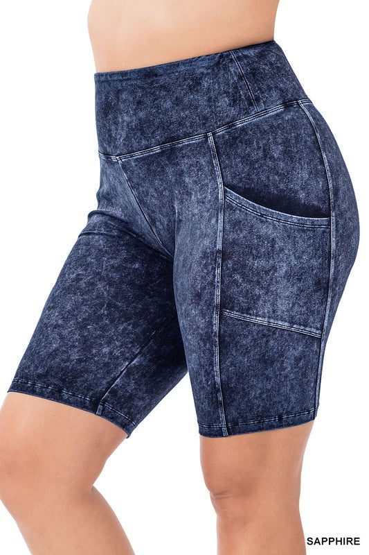 Women's Plus Size Mineral Wash Pocket Biker Shorts