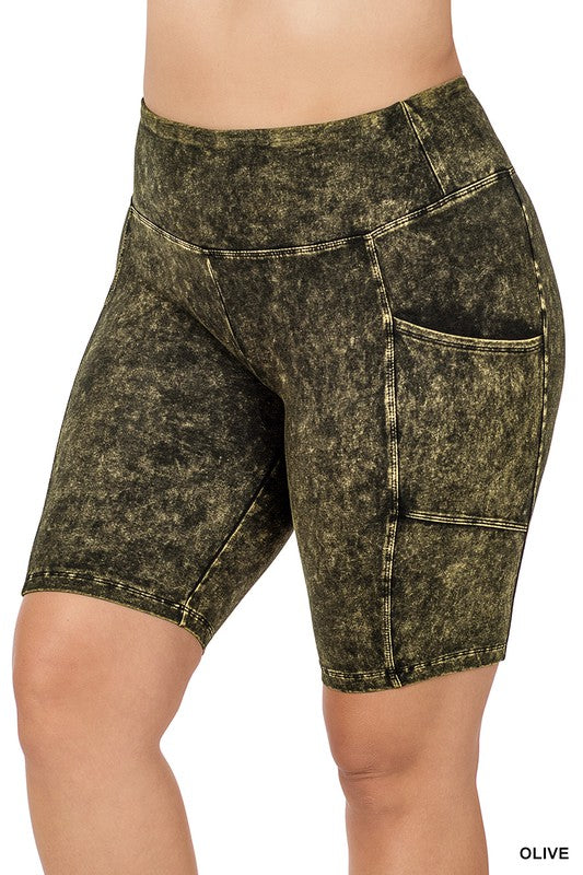 Women's Plus Size Mineral Wash Pocket Biker Shorts