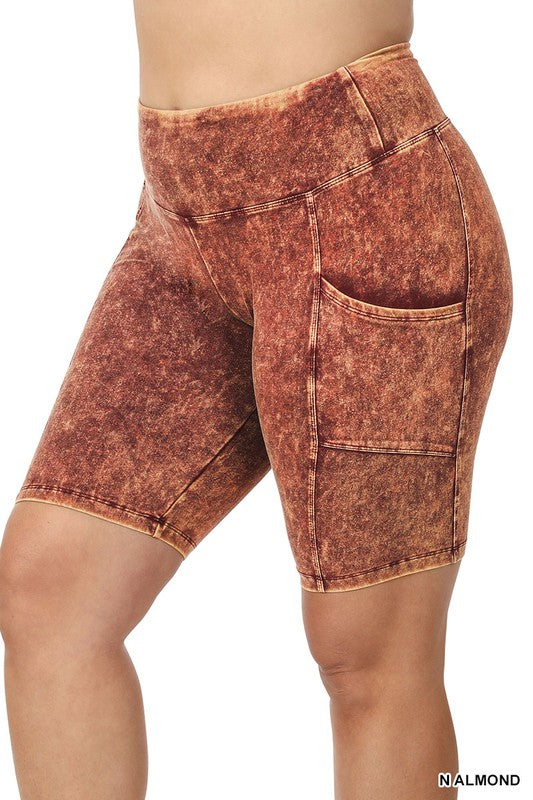 Women's Plus Size Mineral Wash Pocket Biker Shorts