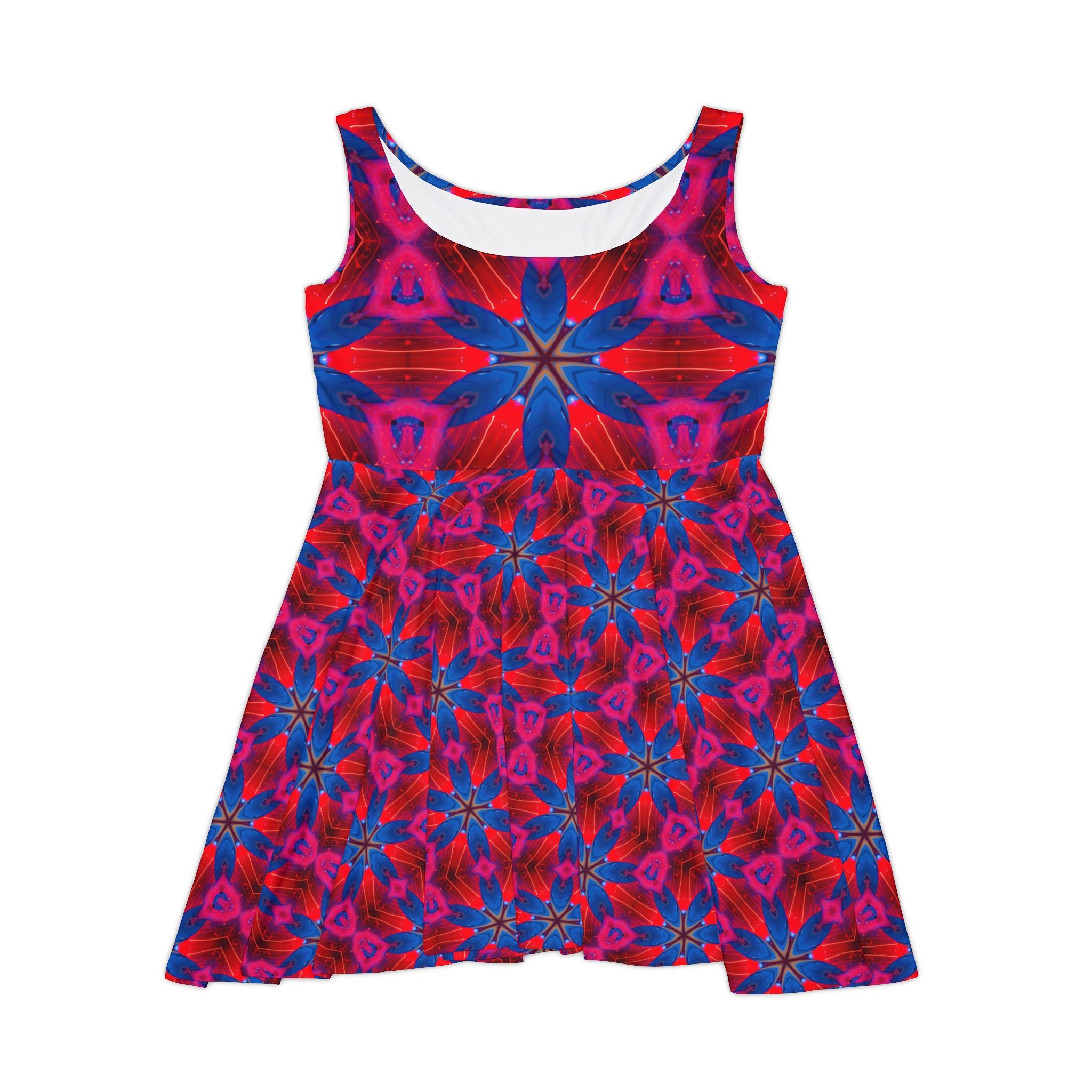 Floral Kaleidoscope Skater Dress — Bold Pink & Blue All-Over Print