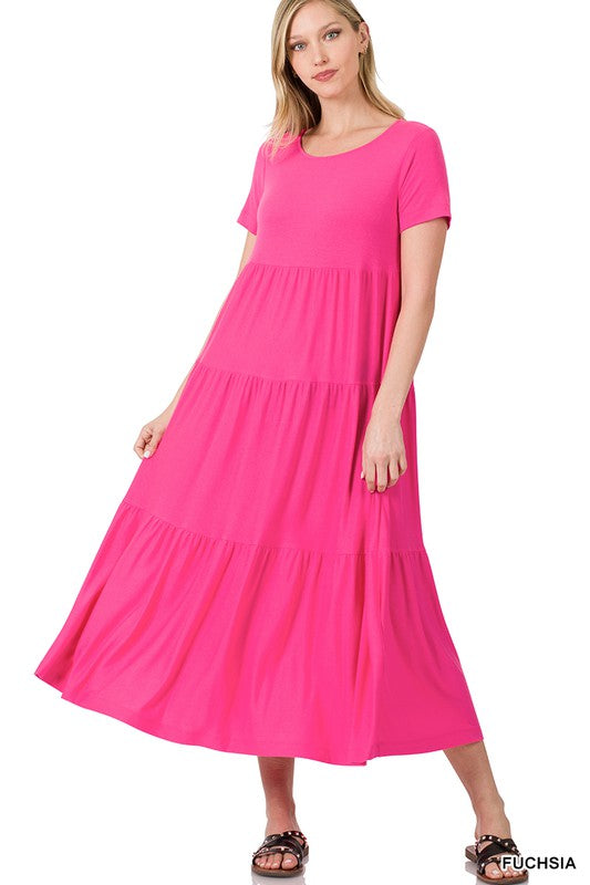 Women's Short Sleeve Tiered Midi Dress