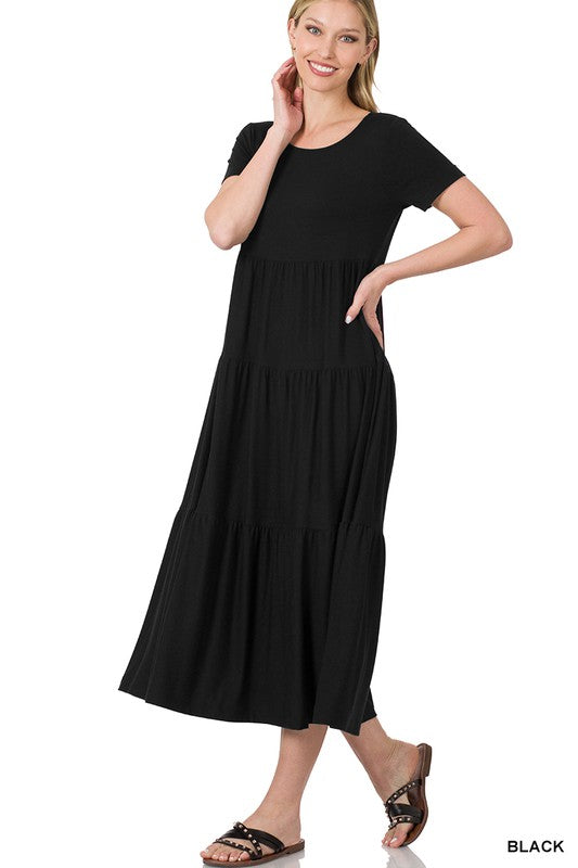 Women's Short Sleeve Tiered Midi Dress