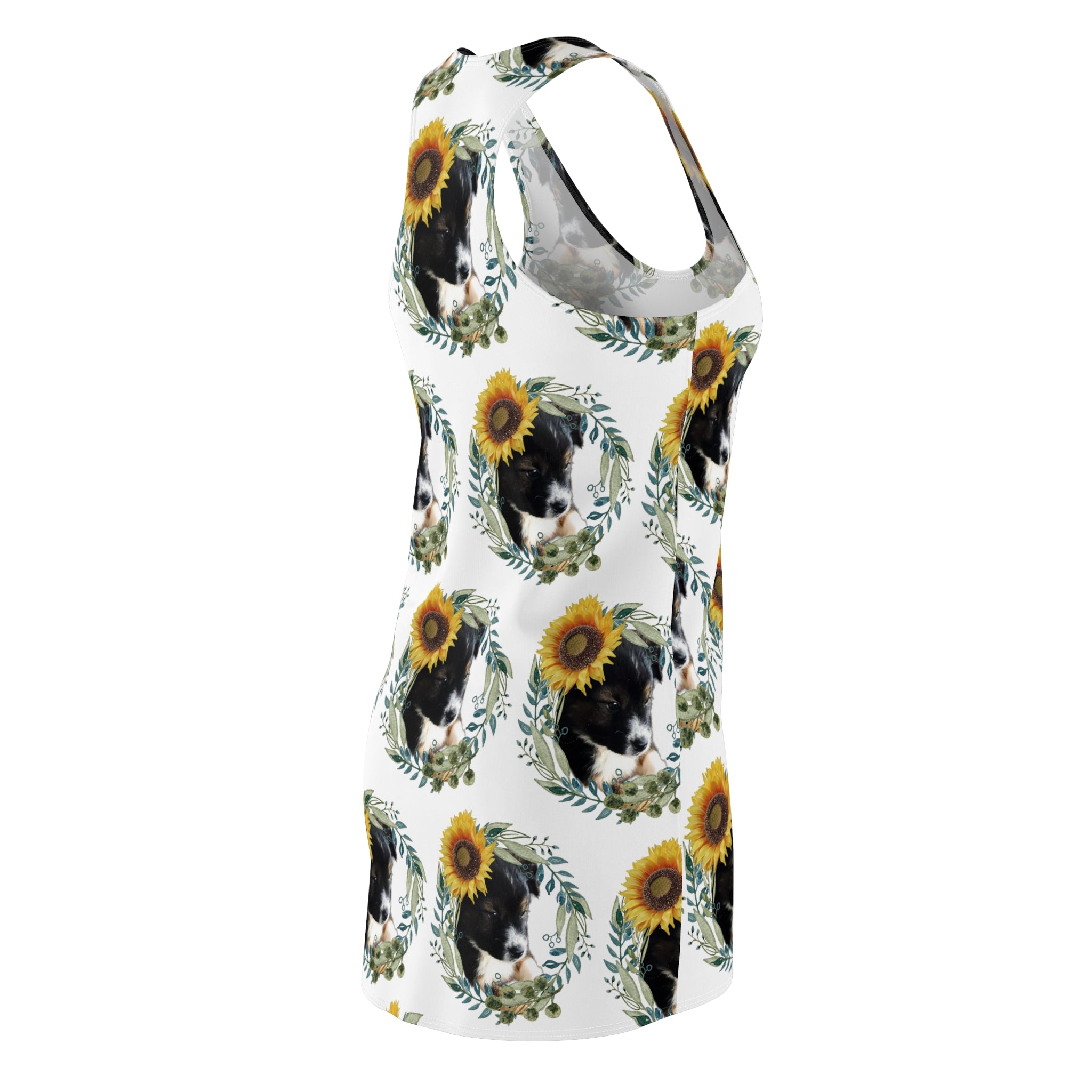 Cute Black Puppy with Sunflowers Printed Racerback Dress - Shell Design Boutique