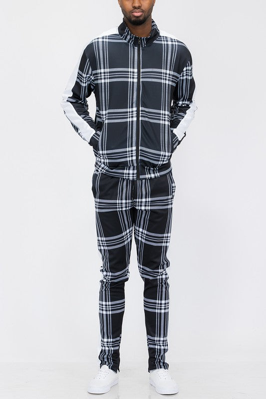 Men's Plaid Checkered Full Zip 2-piece Track Set