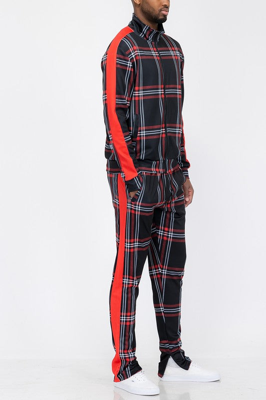 Men's Plaid Checkered Full Zip 2-piece Track Set