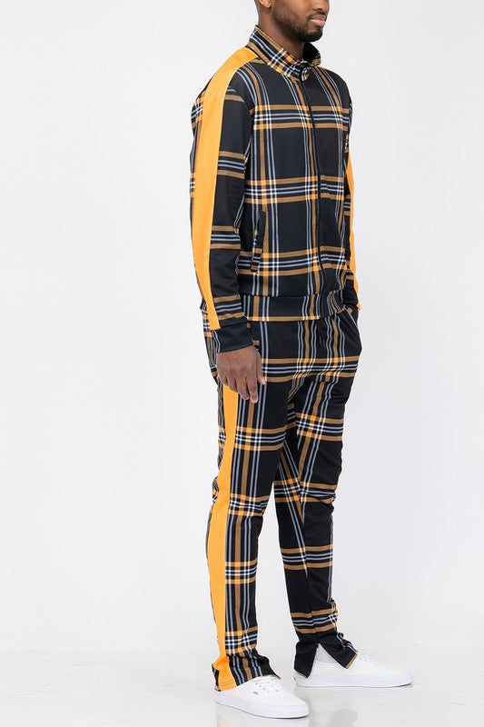 Men's Plaid Checkered Full Zip 2-piece Track Set