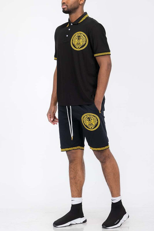 Men's Lion Head Emblem Polo Shirt and Short Set