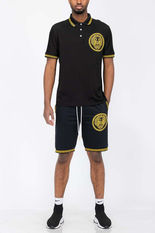 Men's Lion Head Emblem Polo Shirt and Short Set