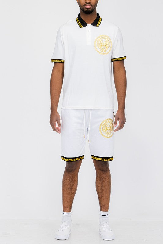 Men's Lion Head Emblem Polo Shirt and Short Set