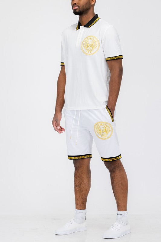 Men's Lion Head Emblem Polo Shirt and Short Set