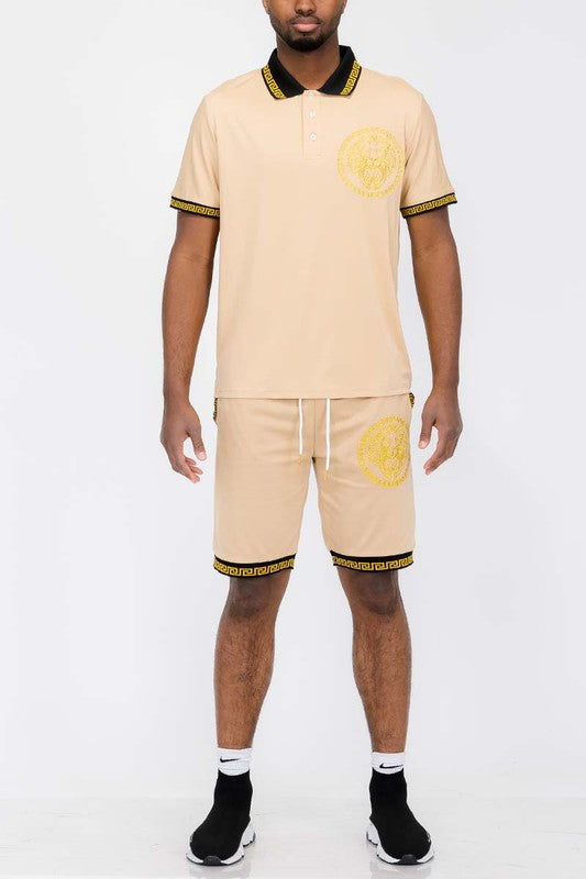 Men's Lion Head Emblem Polo Shirt and Short Set