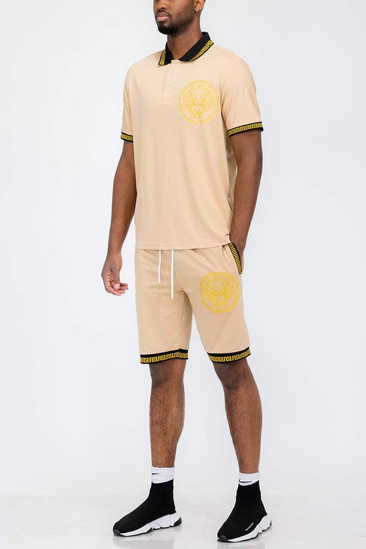 Men's Lion Head Emblem Polo Shirt and Short Set