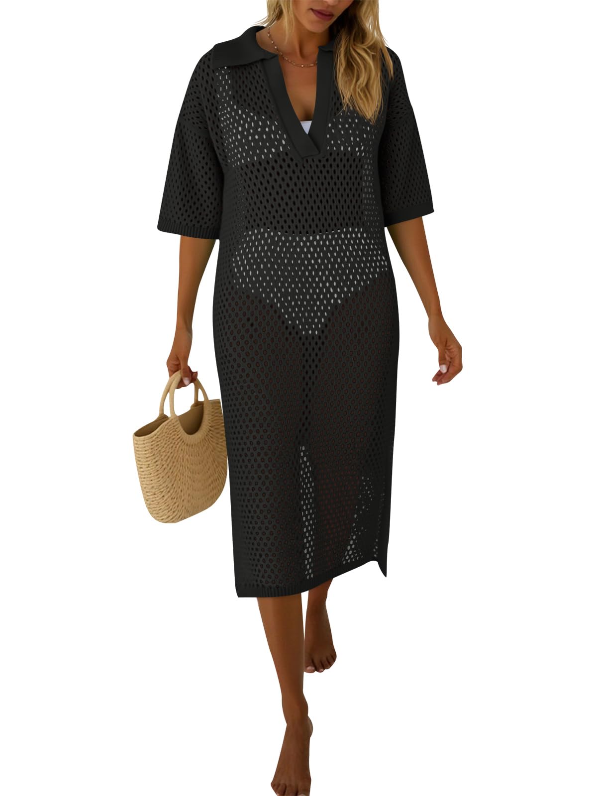 Women's Crochet Hollow Out Short Sleeve Swimsuit Coverup