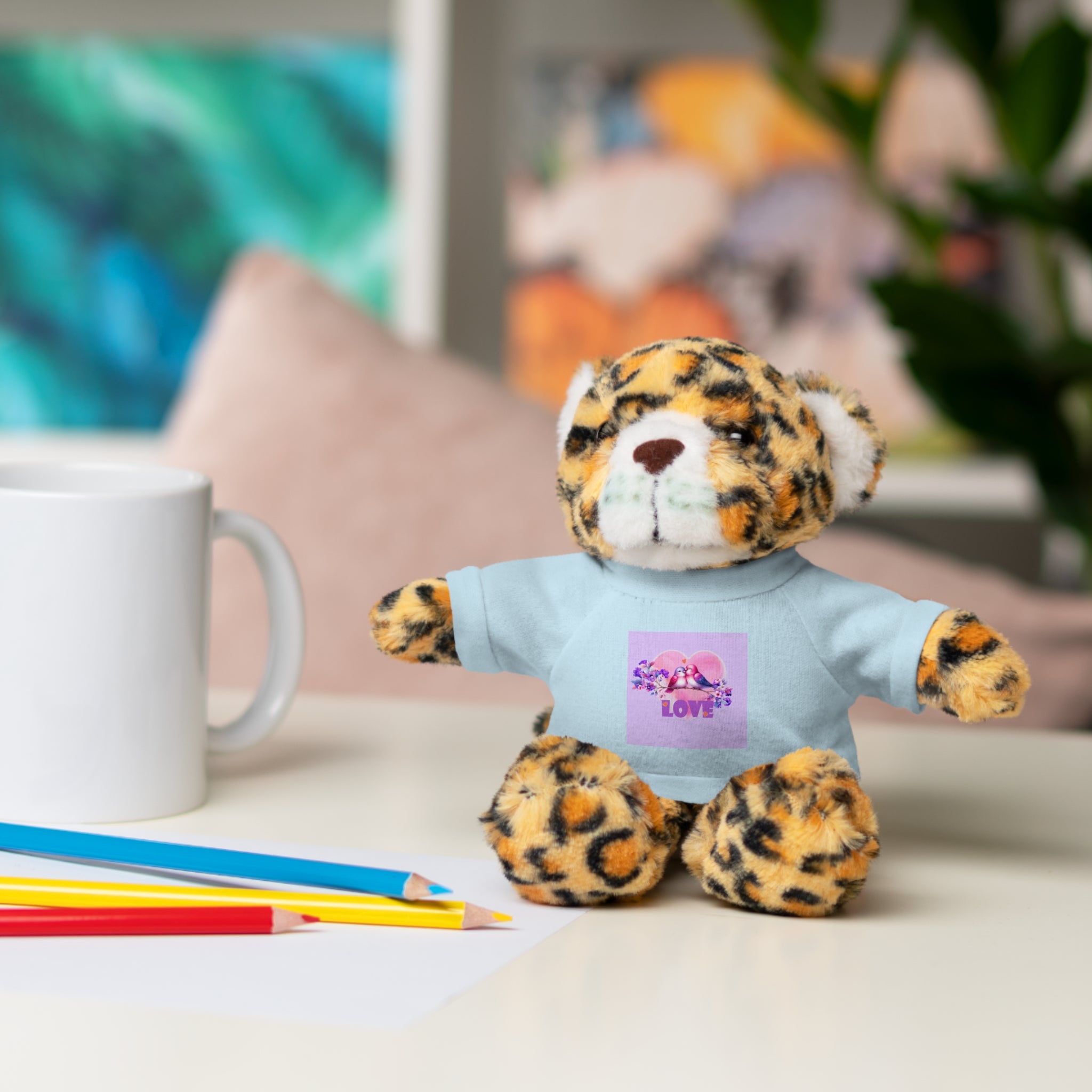 Stuffed Animal Wearing T-shirt of Love Birds