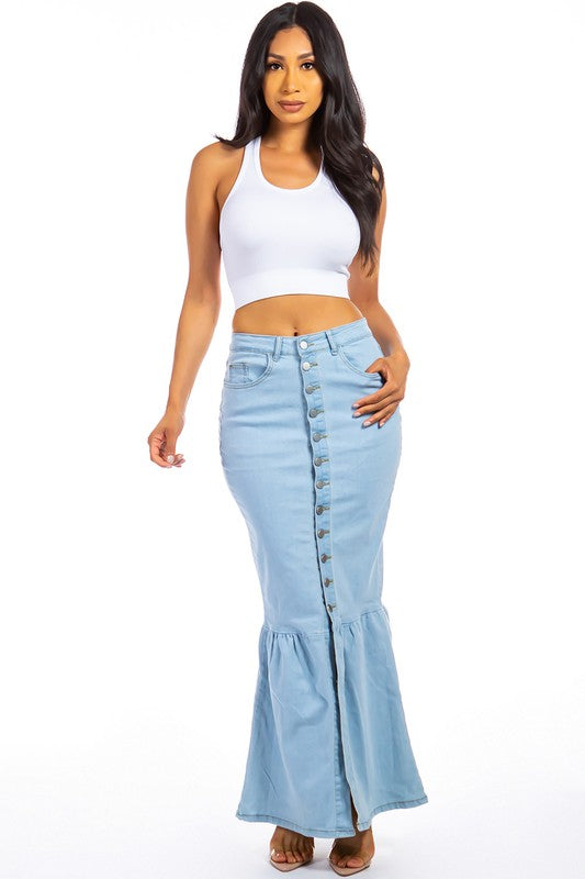 Women's Light Wash Long Denim Maxi Skirt