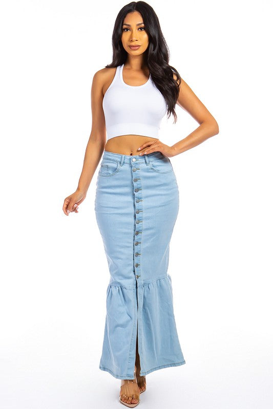 Women's Light Wash Long Denim Maxi Skirt